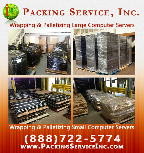 Professional on-site palletizing services for industrial machinery and commercial boxes with expert shrink wrapping and guaranteed flat-rate quotes