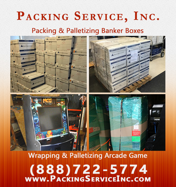 Expert palletizing services crew shrink wrapping arcade games and banker boxes for nationwide shipping with professional freight preparation