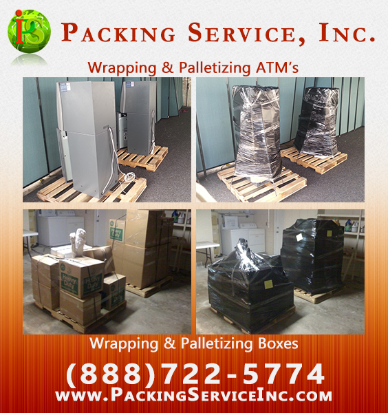 Securely shrink wrapped ATMs and professionally palletized boxes ready for shipping with ISPM-15 heat-treated pallets and guaranteed flat rates
